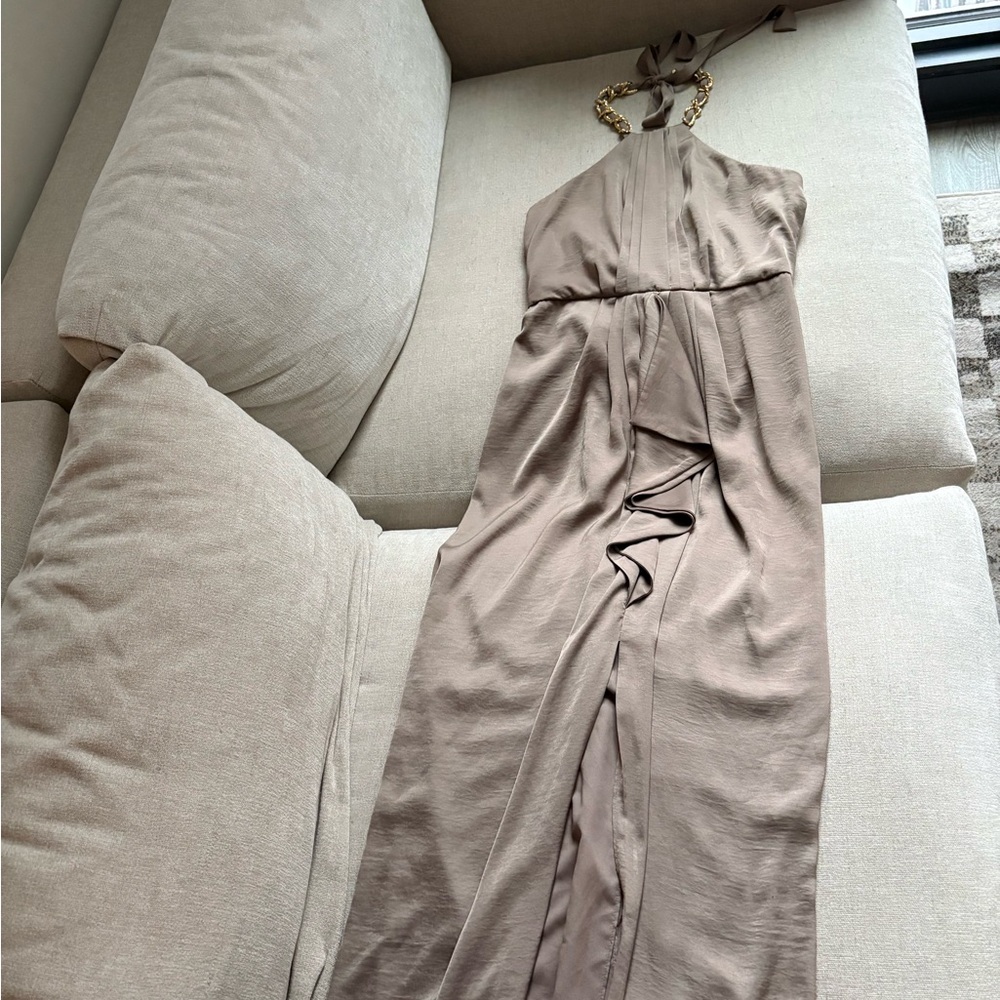 BCBGMaxAzria Beige Maxi Dress with Gold Chain Accent